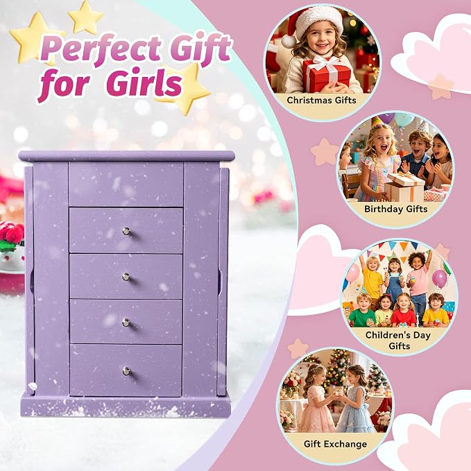 Emfogo Jewelry Box for Girls, Musical Jewelry Box with Spinning Dancer Gifts for Little Girls Christmas New Year Birthday Children's Day, 5 Layer Large Wooden Kids Music Jewelry Organizer Box(Purple)