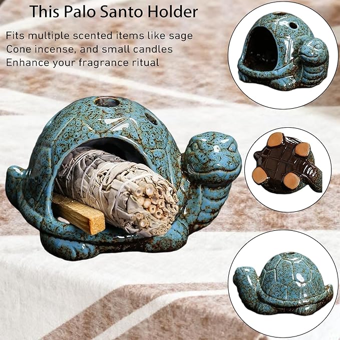 Ceramic Turtle Mini Chiminea- Multifunctional Incense Holder for Sage, Cone Incense, Copal & Small Candle | Aromatherapy Gift for Meditation, Yoga, Zen Spaces | Indoor Use, Hamster Nest Decor (Blue)