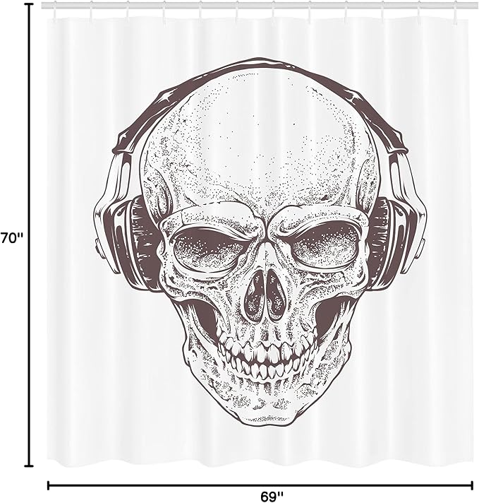 Ambesonne Skull Shower Curtain, Digital Dot Work Style Punk Skull with Headphones Hippie Dead Bones Graphic Print, Cloth Fabric Bathroom Decor Set with Hooks, 69" W x 70" L, Brown White