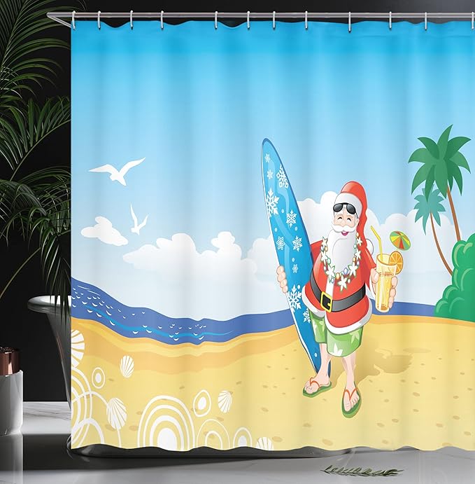 Ambesonne Christmas Shower Curtain, Santa Claus on The Beach Surfboard Summer Party Celebration Tropical Art, Cloth Fabric Bathroom Decor Set with Hooks, 69" W x 75" L, Yellow Blue