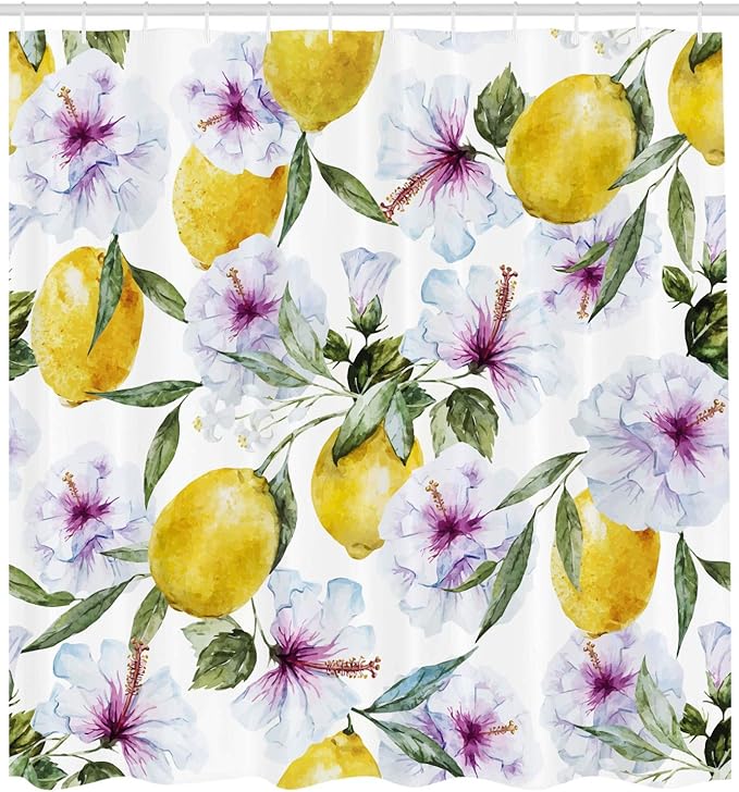 Ambesonne Spring Shower Curtain, Hibiscus Flowers and Big Lemons Watercolor Paint Print Farmhouse Vibe, Cloth Fabric Bathroom Decor Set with Hooks, 69" W x 84" L, Multicolor Yellow Green