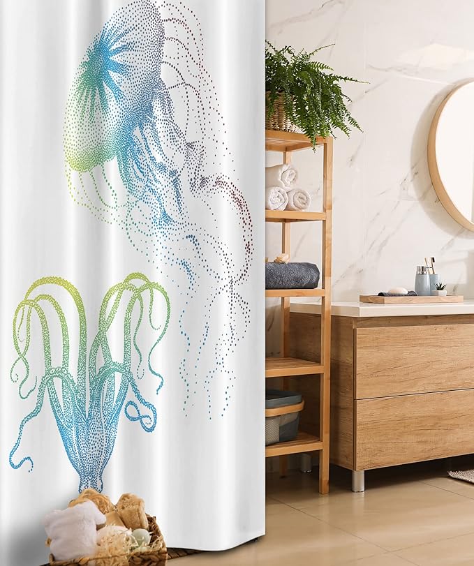 Ambesonne Octopus Stall Shower Curtain, Octopus and Jellyfish Illustration Nautical Themed Art Underwater Wildlife Marine, Fabric Bathroom Decor Set with Hooks, 36" W x 72" L, Blue Eggshell