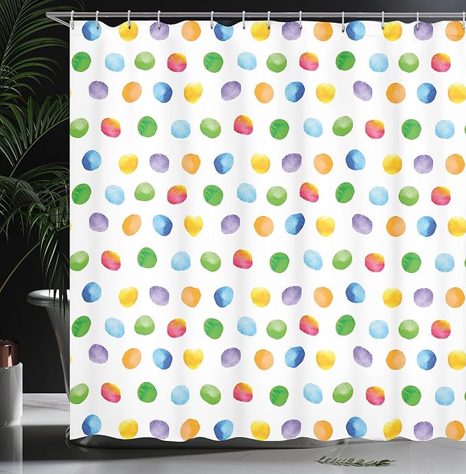 Ambesonne Abstract Shower Curtain, Big Polka Dots Colorful Circles Watercolor Paintbrush Modern Art, Cloth Fabric Bathroom Decor Set with Hooks, 69" W x 84" L, Multicolor White
