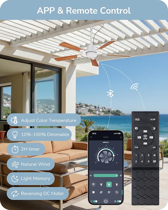 EDISHINE 52" Outdoor Ceiling Fan with Light, IP66 Waterproof Gazebo Hanging Fan, 5200 CFM, 3CCT, APP/Remote Control, 5 Wood Blade, 6-Speed Winds, Plug in Ceiling Fans for Patios Porch Pergola, White
