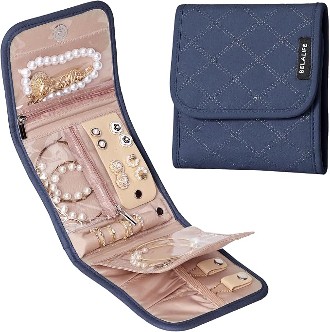 BELALIFE Travel Jewelry Case Organizer, Small Foldable Storage Roll for Earrings, Necklaces, Rings, Bracelets, Brooches, Blue-Gray | Bag with foldable roll design for earrings, necklaces, rings, bracelets and brooches,Blue-Grey