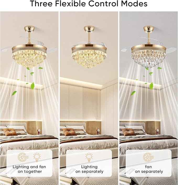 42 Inch Fandelier Ceiling Fan with Light, Chandelier Ceiling Fans with Lights, Crystal Ceiling Fans for Bedroom Living Room, LED Dimmable, 6 Wind Speed,3 Color Temperatures-Gold