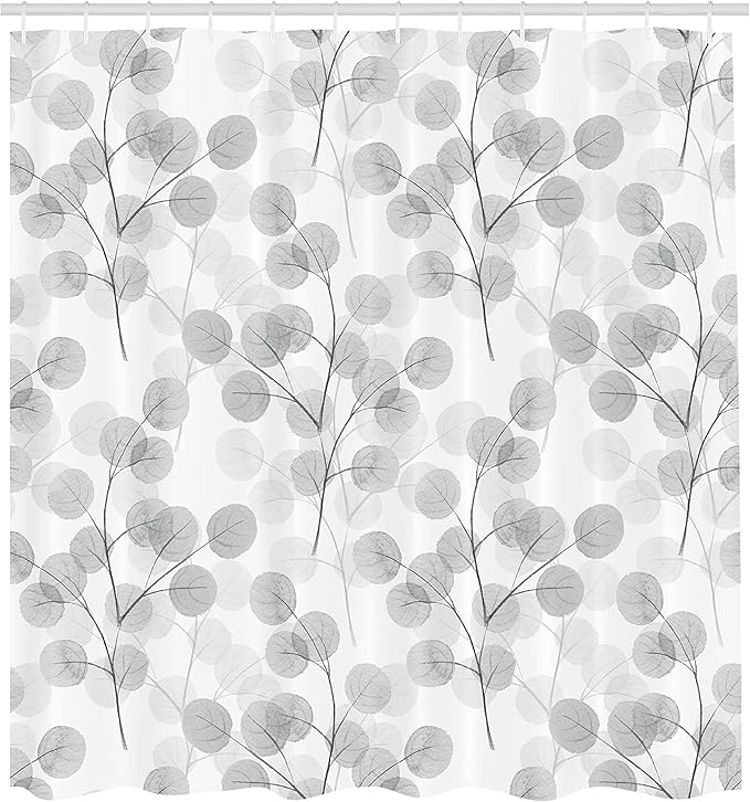 Ambesonne Nature Shower Curtain, Soft Colored Bay Leaf Watercolor Branches Growth Essence Image Print, Cloth Fabric Bathroom Decor Set with Hooks, 69" W x 84" L, Grey White