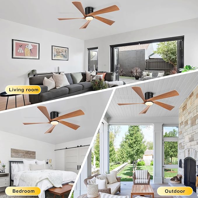 Ohniyou 52” Flush Mount Modern Farmhouse Ceiling Fan with Lights | Remote/APP Control, Low Profile, 3CCT Dimmable, Quiet DC Motor, Reversible, Covered Outdoor Overhead Fans, Black+Wood Color