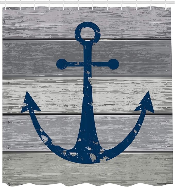 Ambesonne Anchor Shower Curtain, Rustic Nautical Maritime Sail Colored Symbol on Grunge Wooden Planks, Cloth Fabric Hotel Style Master Bathroom Decor Set with Hooks for Home, 69" W x 70" L, Night Blue