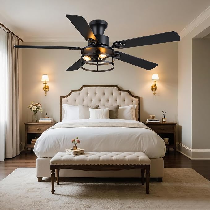 JSAITEE 52" Farmhouse Flush Mount Ceiling Fans with Lights, No Bulbs | Cage Fan Light with Dual-Sided Blades, 6 Speeds Reversible DC Motor, Rustic Low Profile Light for Bedroom, Living Room