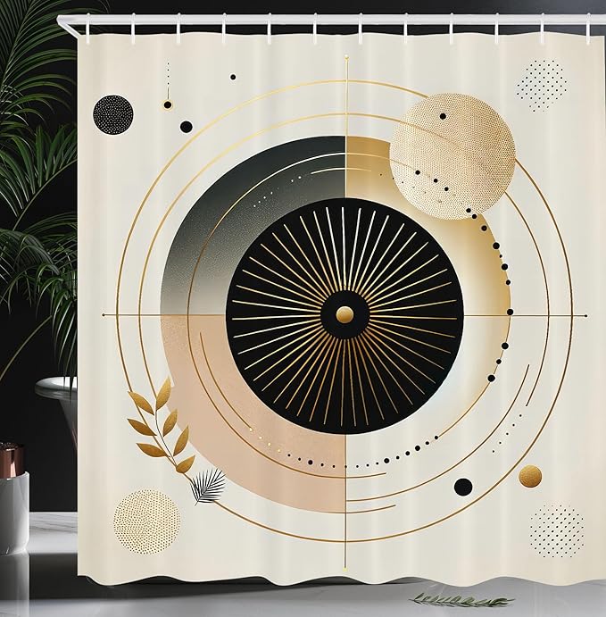 Ambesonne Modern Shower Curtain, Abstract Space Harmony Rounds and Circle Lines with Leafy Orbits Boho, Cloth Fabric Bathroom Decor Set with Hooks, 69" W x 70" L, Pale Mustard Dark Brown