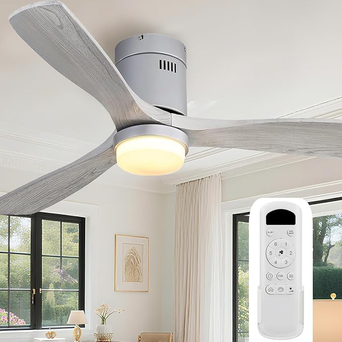 Sofucor 52 Inch Flush Mount Ceiling Fan with Lights and Remote, Grey | Solid Wood Low Profile Ceiling Fans, 3CCT Dimmable 6 Speed Timing Noiseless LED Ceiling Fan, Bedroom/Farmhouse/Patio/Indoor