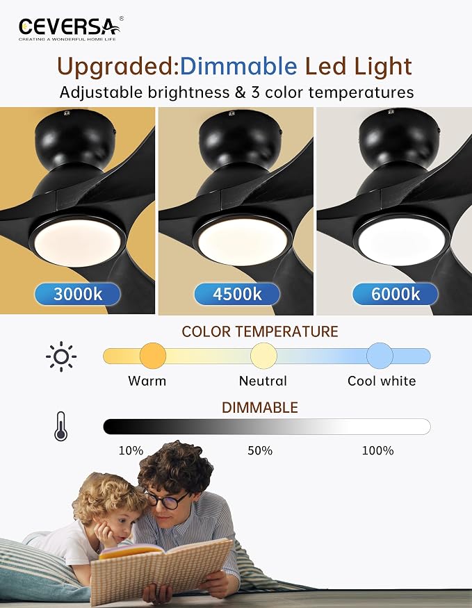 52 Inch Flush Mount Ceiling Fans with Lights and Remote,Black Low Profile Ceiling Fan with Light,3 Blade,Dimmable,Quiet Noiseless DC Motor for Patios,Living Room,Bedroom(Wall Control Switch)