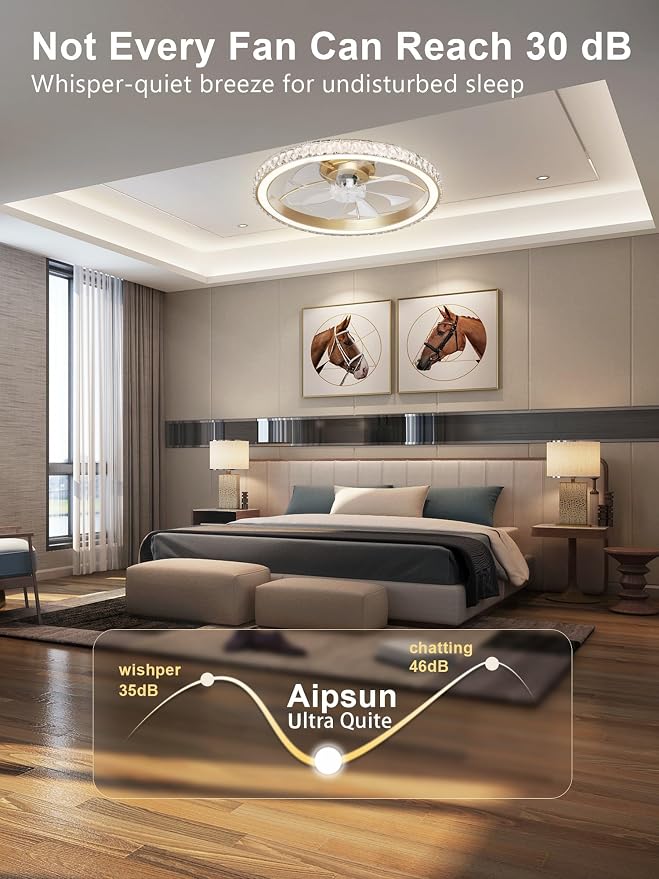 Aipsun 26" Low Profile Modern Crystal Chandelier Ceiling Fans with Lights and Remote, 3000K-6500K Smart Bladeless LED Fan Light, Gold Modern Ceiling Fans with Lights for Bedroom