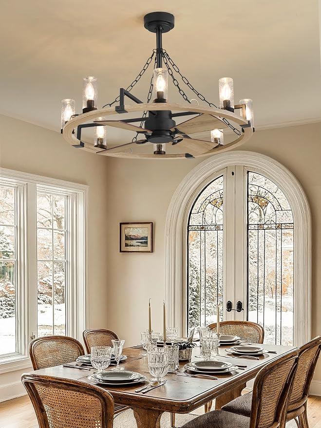 Wagon Wheel Rustic Chandelier Ceiling Fan with Light, 36 inch Farmhouse Caged Ceiling Fans, Dual Finish Blades, Wood Bladeless Fandelier Fan Lights Ceiling Fixtures for Bedroom Kitchen