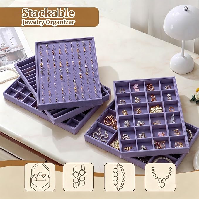 Large Velvet Jewelry Tray 2 Pack Stackable Jewelry Display Drawer Inserts Trays Organizer for Earring Bracelet Necklace Ring (Purple, 1 Grid)