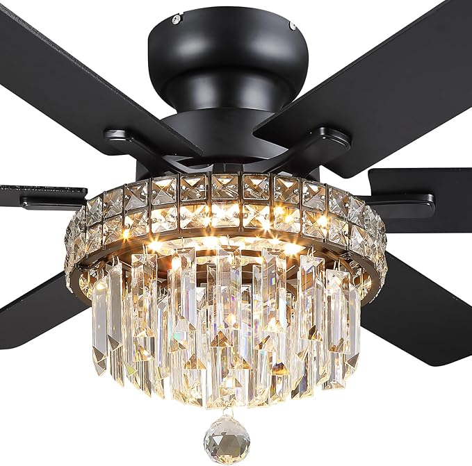 Asyko 52" Low Profile Crystal Ceiling Fans with LED Lights and Remote/APP | Supports Remote and APP,Reversible 6 Wind Speeds,30W Quiet DC Motor,6 Wood Blades,Dimmable 30W LED,Suits for Bedroom Kitchen