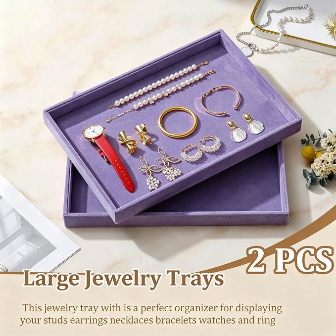Large Velvet Jewelry Tray 2 Pack Stackable Jewelry Display Drawer Inserts Trays Organizer for Earring Bracelet Necklace Ring (Purple, 1 Grid)