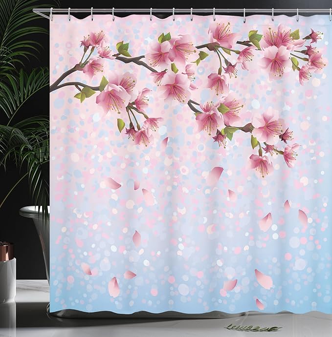 Ambesonne Nature Shower Curtain, Sakura Twig Blossom Leaves on Background of Colorful Flying Petals Flourish, Cloth Fabric Bathroom Decor Set with Hooks, 69" W x 70" L, Pink Blue Green