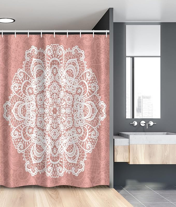 Ambesonne Mandala Stall Shower Curtain, Lace Style Vector Mandala Vintage Abstract Floral Ornamental Design Print, Fabric Bathroom Decor Set with Hooks, 54" W x 78" L, Dried Rose White