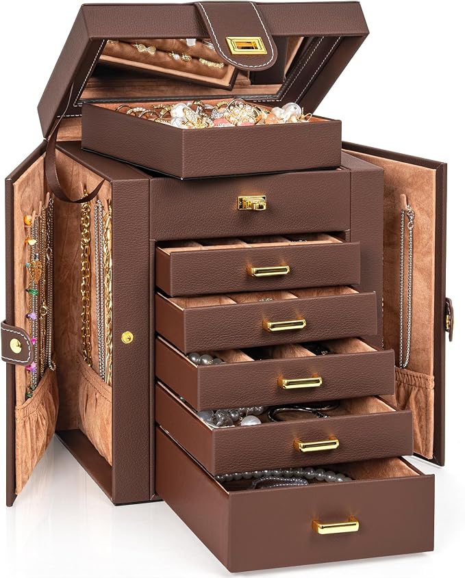 AKOZLIN 6-Tier Jewelry Box Organizer Functional 5 Drawers Leather Jewelry Storage Case for Women Girls Ring Necklace Earring Bracelet Holder Organizer with Mirror Brown Regular