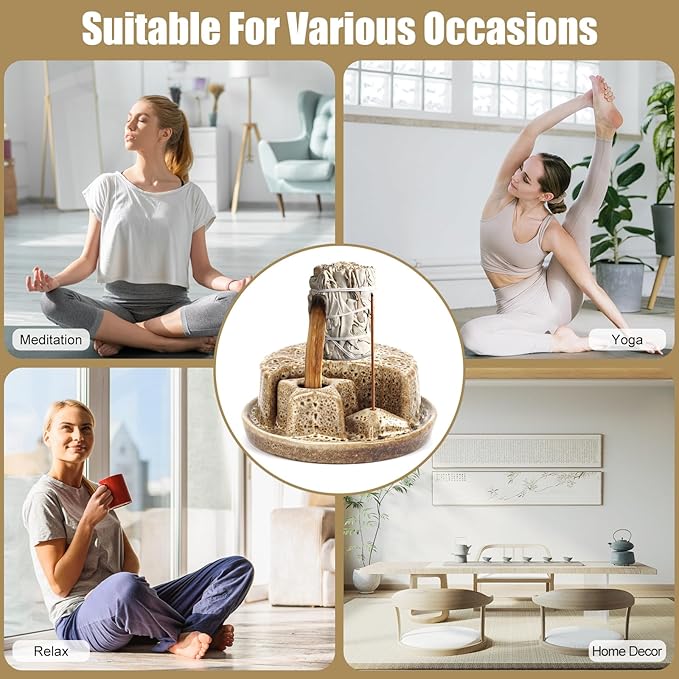 4 in 1 Incense Holder, Palo Santo Holder, Ceramic Incense Burner, Ash Catcher Tray for Meditation Room, Candle Holder for Burning Sage (Speckled Beige)