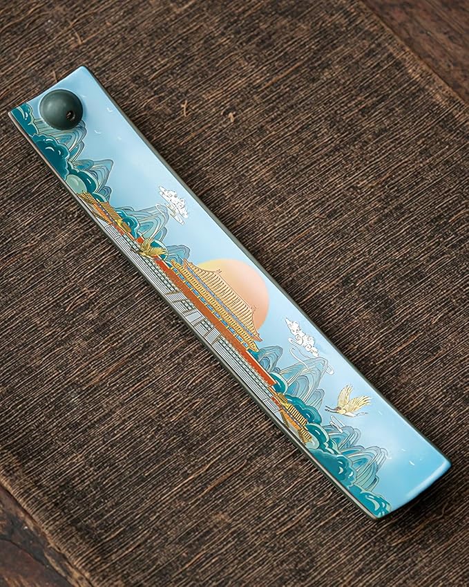 Chinese Incense Stick Holder with Ash Catcher - Ceramic Incense Burner with Ancient Painting, for Zen Meditation, Home Decor & Gift