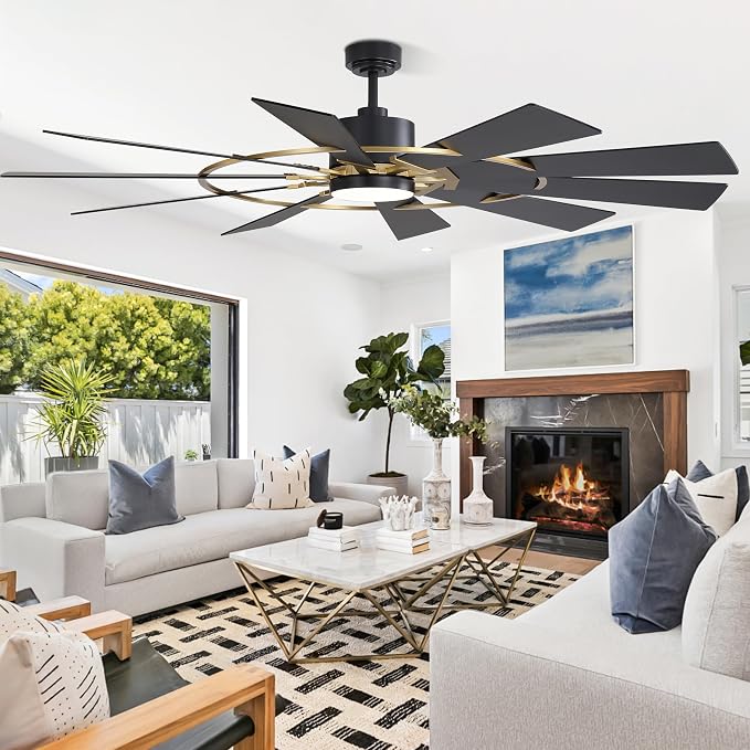 WINGBO 72" Windmill Ceiling Fan with Lights, 3 Downrod, 6-Speed Reversible DC Motor, 3CCT, 10 Blade Indoor Farmhouse DC Ceiling Fans for Kitchen Bedroom Living Room Patio, Aged Brass and Black