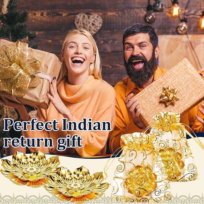 LemonRoad 80 Sets Indian Return Gifts for Pooja Bulk, Diwali Gifts Bulk, Lotus Incense Holder, Gold Double Layer Design with Organza Bags and Thank You Cards, Ideal for Festivals, Yoga and Spa