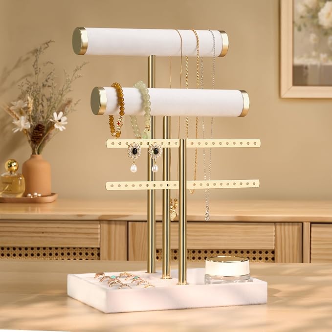 Jewelry Organizer Stand for Necklaces, Bracelets, Earrings, Rings, White | 3 Tier Velvet Bracelet Holder Display | Jewelry Organizers and Storage | Jewelry Tree | Jewelry Towers