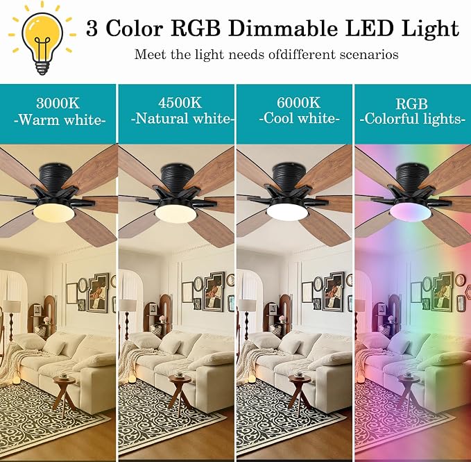 52inch Brown Ceiling Fans with Lights and Remote/App Control, Low Profile Ceiling Fan with Light and 6 Double-Side blades, Flush Mount, LED/RGB Dimmable DC Reversible Modern Ceiling Fan for Bedroom