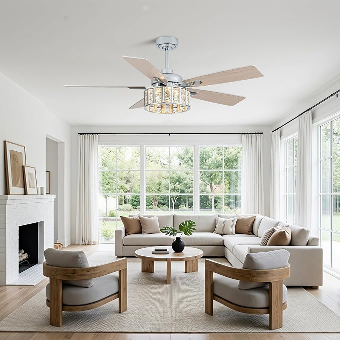 52" Modern Crystal Chandelier Ceiling Fans with Lights for Living Room | K9 Crystal Fandelier Fan Quiet Reversible DC Motor 6 Speeds Timer E26 Bedroom