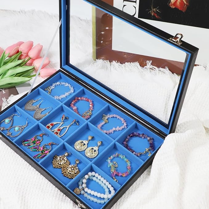 Stratalife 12 Grid Bracelet Jewelry Box, Bangle Holder Organizer with Lid | PU Leather Storage Box for Earring, Ring, Studs and Trinkets, Soft Velvet Drawer Organizer for Women, Dustproof, Blue Black