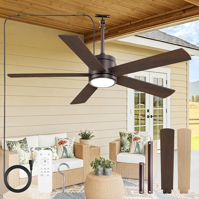 Fanbulous 52" Outdoor Ceiling Fan with Light and Remote, IP65 Waterproof, Plug-in Design with 10FT Cord, 6-Speeds, 3CCT, Hook Hanging Fan for Gazebo Patio Porch Garage Canopy(Oil-Bronze)