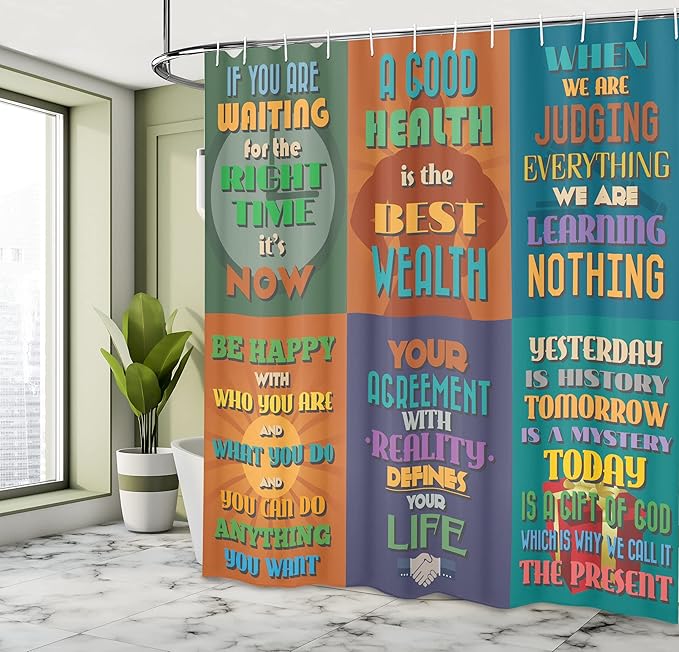 Ambesonne Saying Shower Curtain, Group of Unusual and Inspirational Words Artwork Right Attitude, Cloth Fabric Bathroom Decor Set with Hooks, 69" W x 70" L, Mustard and Teal