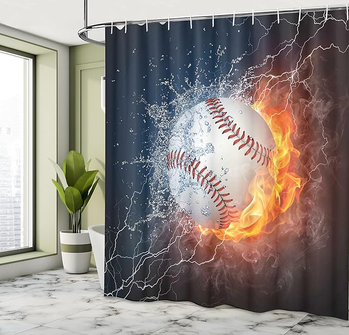 Ambesonne Sports Shower Curtain, Sportive Theme Design of Baseball Ball and Water Splashing Thunder Speedy Art Print, Cloth Fabric Bathroom Decor Set with Hooks, 69" W x 84" L, Blue and Burgundy