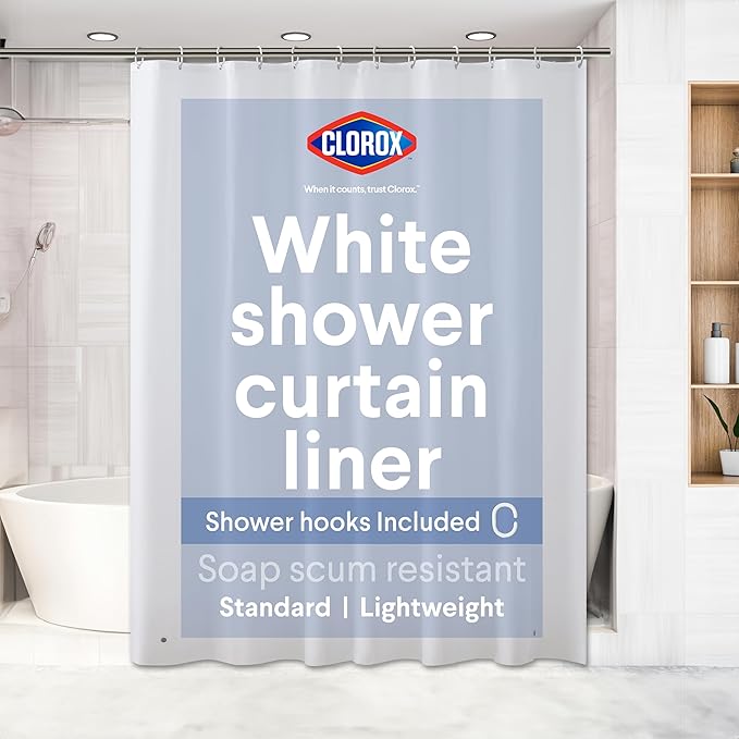 Clorox Shower Curtain Liner & Hooks, Premium Lightweight Flexible Waterproof 4g PEVA for Bathroom with Weighted Magnets, Standard Size 70" x 72", White 1 Pack