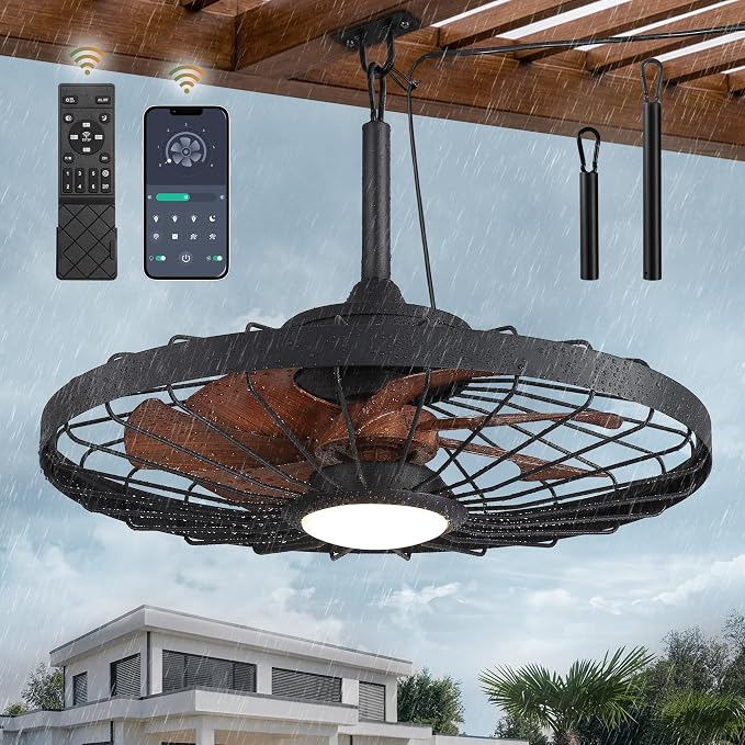 LEDIARY 24" Outdoor Ceiling Fan with Lights,IP65 Waterproof Gazebo Hanging Fan with Remote Control Smart App, Plug in Caged Ceiling Fan with 3CCT 6-Speeds for Patio Porch Pergola(Walnut)