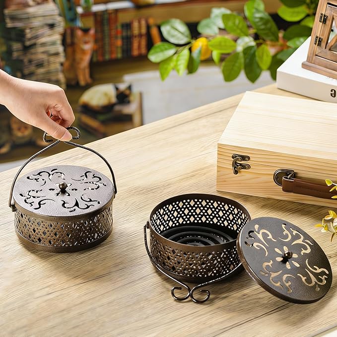 Lallisa Incense Coil Holder Sets, Round Metal Hanging Incense Burner with Handle and Lid, Portable Coil Burner Stand Container for Patio Camping Garden Home Indoor Outdoor Decor(Black,2 Pcs)