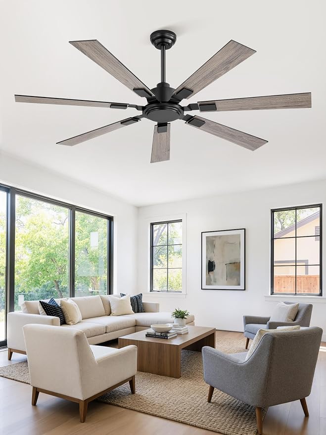 ZMISHIBO 60" Ceiling Fans No Light with Remote, Black Modern Ceiling Fan Without Light, Quiet Reversible DC Motor, 6 Speeds, 7 Blades Indoor/Outdoor Ceiling Fan for Living Room Bedroom Patio Garage