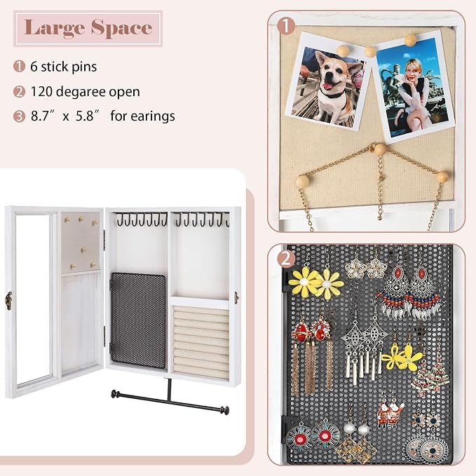 Keebofly Wall Mounted Rustic Wood Jewelry Organizer Cabinet - White | Large Hanging Holder Display for Necklaces, Earrings & Bracelets, Space Saving Ring Storage, Great Gift for Women