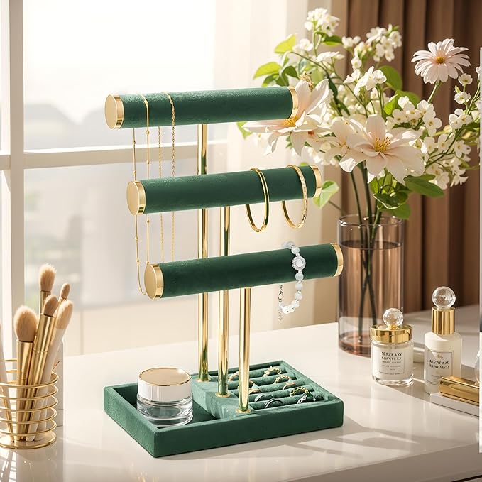 Jewelry Organizer Stand Display, 3 Tier Velvet Bracelet Holder, Green | Jewelry Organizers and Storage | Jewelry Tree | Jewelry Towers for Necklaces, Bracelets, Earrings, Rings