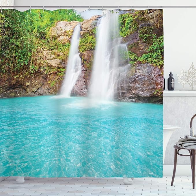 Ambesonne Waterfall Shower Curtain, Waterfall and Clear Natural Pool Plants Sunbeams in a Summer Day View, Cloth Fabric Bathroom Decor Set with Hooks, 69" W x 84" L, Aqua Green Pale Brown