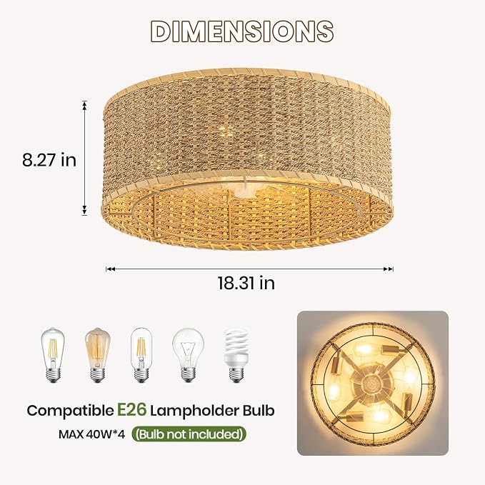Boho Ceiling Fan with Light,Caged Ceiling Fan with Remote Control Reverible Blades Low Profile 6 Speeds Farmhouse Rattan Fandelier Chandelier Ceiling Fans for bedroom dining room kitchen living room