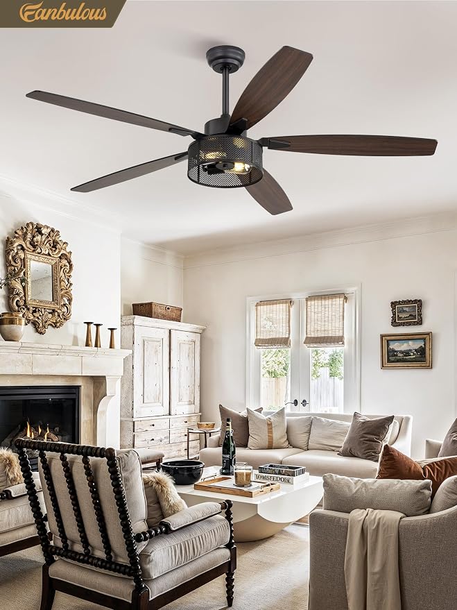 Fanbulous Farmhouse Ceiling Fans with Lights and Remote, 60 Inch Industrial Black Caged Ceiling Fans for Living Room Bedroom Kitchen, 6 Speed Reversible Quiet DC Motor, Dual Finish 5 Blades