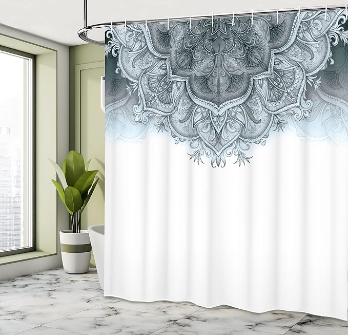 Ambesonne Moroccan Shower Curtain, Floral Art Vintage Style Eastern Architectural Elements Oriental Pattern, Cloth Fabric Bathroom Decor Set with Hooks, 69" W x 70" L, Grey Blue