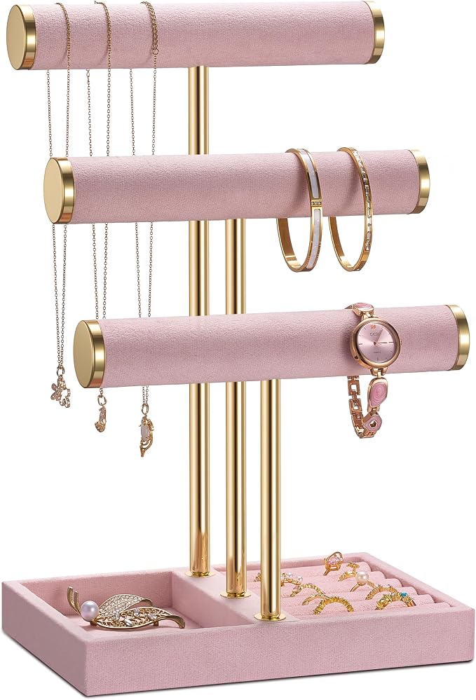 Jewelry Organizer Stand Display, 3 Tier Velvet Bracelet Holder, Pink | Jewelry Organizers and Storage | Jewelry Tree | Jewelry Towers for Necklaces, Bracelets, Earrings, Rings