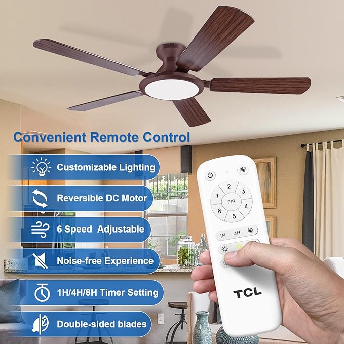 TCL 52" Ceiling Fan with Light: Wood Grain Blades Copper Bronze Finish Low Profile Ceiling Fan with Light and Remote Control Flush Mount DC Reversible Motor Noiseless 6 Speeds for Bedroom(Brown)