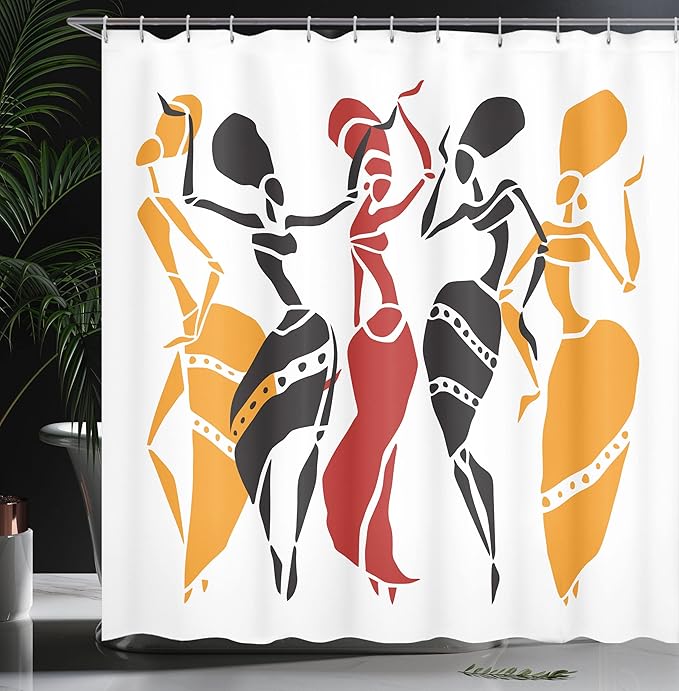 Ambesonne African Shower Curtain, Lady Dancers Silhouettes of Body and Motion Poses an Exotic Character Indigenous Style of a Theme, Cloth Fabric Bathroom Set with Hooks, 69" W x 75" L, Mustard White