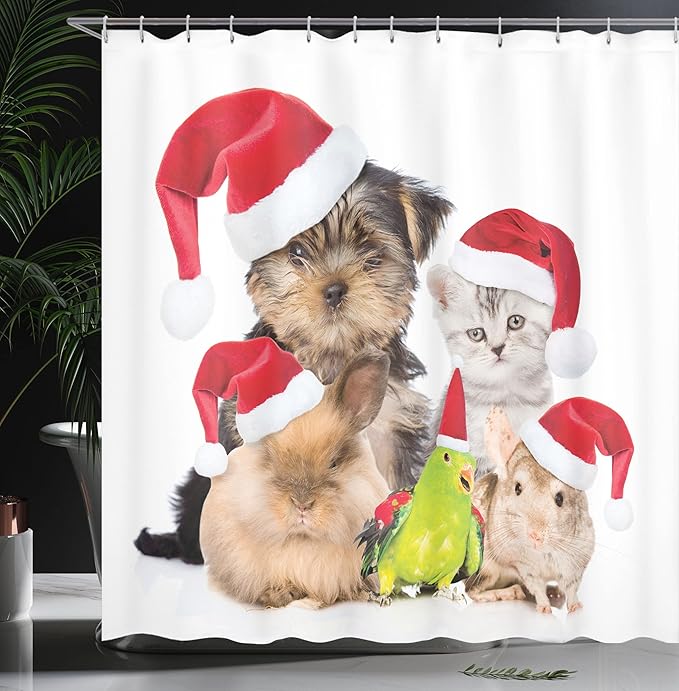 Ambesonne Christmas Shower Curtain, Xmas Crew Cat Dog Bird Mouse and Rabbit Bunny with Santa Hats Grumpy Pets Picture, Cloth Fabric Bathroom Decor Set with Hooks, 69" W x 70" L, Red Brown